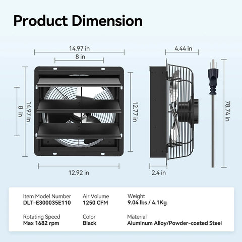 Shutter Exhaust Fan With Remote Control For Garage Shop Greenhouse Attic, 1250 CFM, 8 Speed EC Motor, side and front view