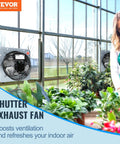 10 Inch Shutter Exhaust Fan With 820 CFM High Speed Aluminum Wall Mount Attic Fan For Ventilation And Cooling In Greenhouses Garages Sheds And Shops With AC Motor FCC Listed By VEVOR installed in a greenhouse