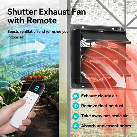 Shutter Exhaust Fan With Remote Control For Garage Shop Greenhouse Attic, 1250 CFM, 8 speed EC motor, wall mounted in use