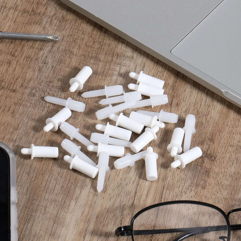 60 Pcs Shutter Repair Pins Shutter Louver Spring Loaded Replacement Pins next to laptop and glasses on wood surface