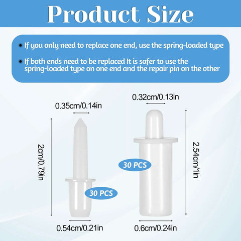 Product size chart for 60 Pcs Shutter Repair Pins, showing spring-loaded louver replacement pins for plantation shutters and blinds.