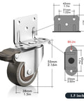 Side Mount Rubber Furniture Casters 1.5 Inch Set Of 4 With 360 Degree Swivel Locking Top Plate diagram and dimensions