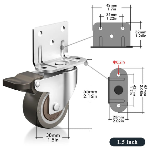 Side Mount Rubber Furniture Casters 1.5 Inch Set Of 4 With 360 Degree Swivel Locking Top Plate diagram and dimensions