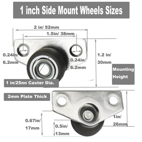 Diagram of Side Mount Casters With Soft TPR Wheels Non Swivel Fixed Castors For Furniture Drawer Cabinet Set Of 6 Grey