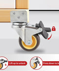 Side Mount Casters With Brake 2 Inch L Shaped Small Caster Wheels Set Of 4 attached to wooden furniture leg displaying lock mechanism