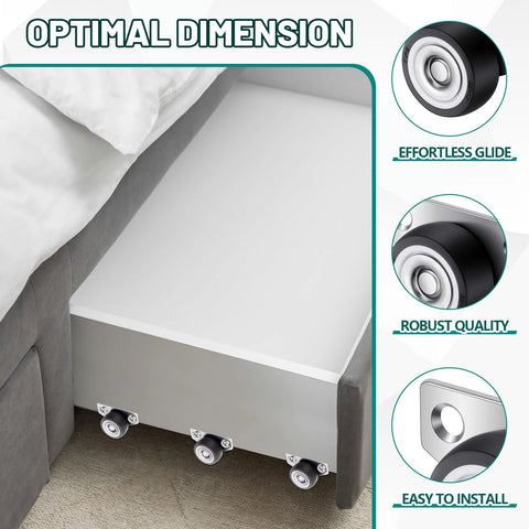 Under-bed storage drawer with 20 Set 1.25 Inch Side Mount Caster Wheels With Screws, non-swivel rigid casters, installed on corners.