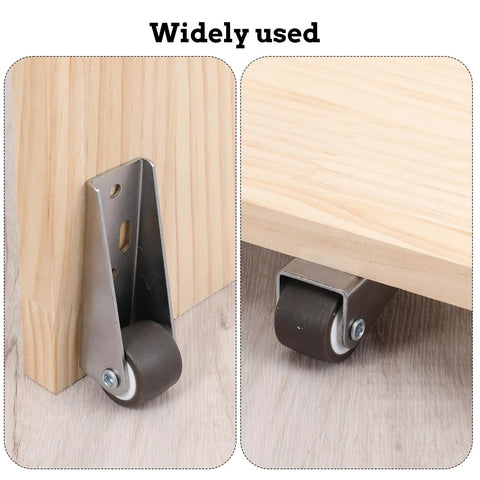 4 Piece Set Small 1 Inch Side Mount Caster Wheels For Furniture And Doors Low Profile Gate Casters Replacement For Chairs Drawers Bookcases Each Wheel Supports 44 Pounds Total 176 Pounds Versatile Vertical Or Horizontal Installation Includes Screws showing two mounted wheels on wood