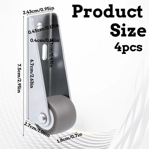 4 Piece Set Small 1 Inch Side Mount Caster Wheels For Furniture And Doors Low Profile Gate Casters Replacement For Chairs Drawers Bookcases Each Wheel Supports 44 Pounds Total 176 Pounds Versatile Vertical Or Horizontal Installation Includes Screws, with measurements