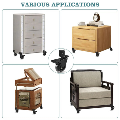 Four pieces of furniture using Three Inch Side Mount Caster Wheels Set Of Four With Two Brakes And Two Without Brakes.