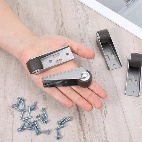 4 Piece Set Small 1 Inch Side Mount Caster Wheels For Furniture And Doors Low Profile Gate Casters Replacement For Chairs Drawers Bookcases Each Wheel Supports 44 Pounds Total 176 Pounds Versatile Vertical Or Horizontal Installation Includes Screws displayed on hand with screws