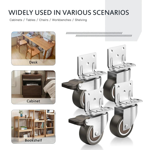 Side Mount Rubber Furniture Casters 1.5 Inch Set Of 4 With 360 Degree Swivel Locking Top Plate Two Braked And Two Non Braked