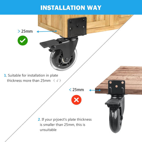 Side Mount Casters Set Of 4 With Brake, 3 Inch L Shaped Plate Casters installation guide showing correct and incorrect placements