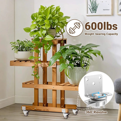 Wooden plant stand with 2 Inch Side Mount Casters Set of 4 L Shaped Silent Rubber Swivel Wheels with Brakes 600 Lbs Load Capacity Locking Castors.
