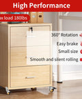 Wooden cabinet with 2 Inch L-Shaped Side Mount Casters With Brake visible, showing small caster wheels, 360-degree swivel, max 180 lbs load.