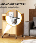Side Mount Rubber Furniture Casters 1.5 Inch Set Of 4 with 360 Degree Swivel Locking Top Plate two braked two non braked shown on cabinet