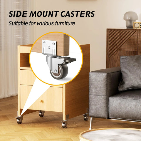 Side Mount Rubber Furniture Casters 1.5 Inch Set Of 4 with 360 Degree Swivel Locking Top Plate two braked two non braked shown on cabinet