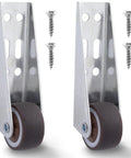 Side view of Low Profile Rubber Caster Wheels Set Of 2 0.8 Inch Side Mount Non Slip Furniture Casters with screws and metal frame.
