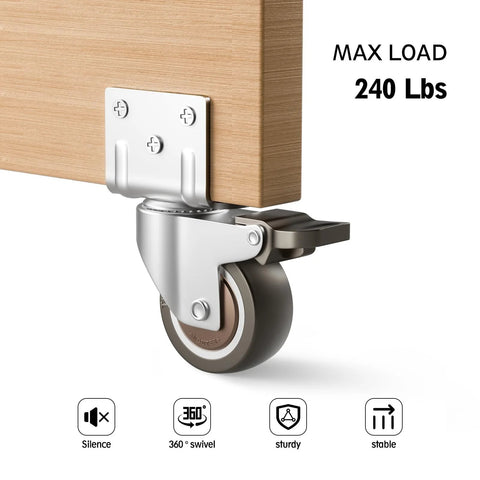 Side Mount Rubber Furniture Casters 1.5 Inch Set Of 4 With 360 Degree Swivel Locking Top Plate Two Braked And Two Non Braked