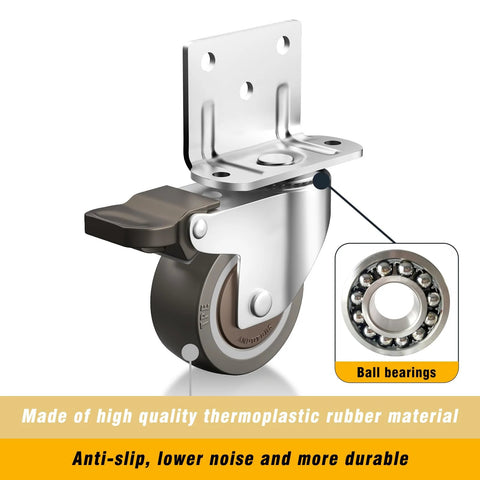 Side Mount Rubber Furniture Casters 1.5 Inch Set Of 4 With 360 Degree Swivel Locking Top Plate Two Braked And Two Non Braked