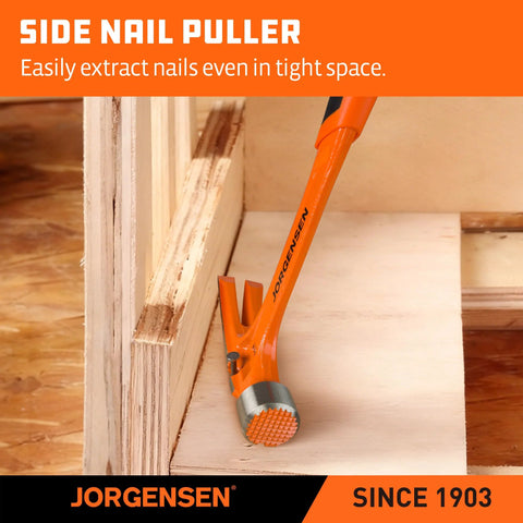 Heavy duty 20 oz straight claw hammer with magnetic nail holder, milled face, and one-piece forged steel build in use.