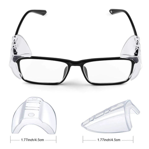 Two Pairs Side Shields For Glasses Slip On Eye Protection Fits Most Eyewear with dimensions shown, flexible TPU material.