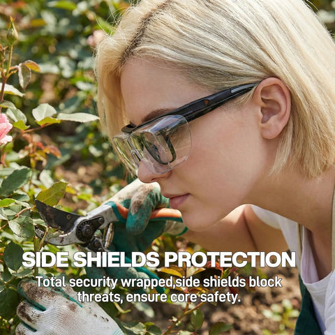 Person gardening wearing over glasses safety goggles anti fog ANSI Z87 eye protection with side shields for enhanced safety.