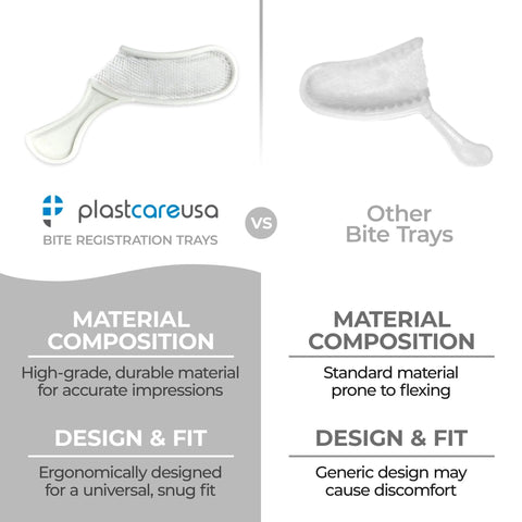 Comparison of PlastCare USA 50 Sideless White Disposable Dental Bite Registration Trays with other trays, highlighting design and material differences.