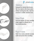 50 Sideless White Disposable Dental Bite Registration Trays For Impressions And Teeth Molds Pro Grade With Rigid Frame Thumb Tab And Durable Mesh To Hold Impression Material For Accurate Final Impressions PlastCare USA packaging and tray design diagram