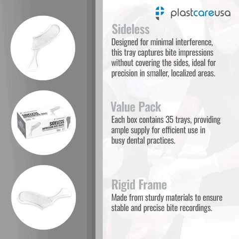 50 Sideless White Disposable Dental Bite Registration Trays For Impressions And Teeth Molds Pro Grade With Rigid Frame Thumb Tab And Durable Mesh To Hold Impression Material For Accurate Final Impressions PlastCare USA packaging and tray design diagram