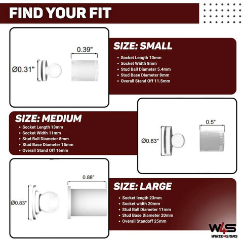 Diagram showing dimensions for small, medium, and large sizes of acrylic sign mounting hardware.