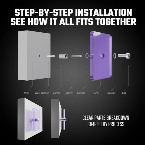 Diagram showing installation of 12 Pack Stainless Steel Standoff Screws With Wall Anchors And Rubber Pads For Sign Mounting.