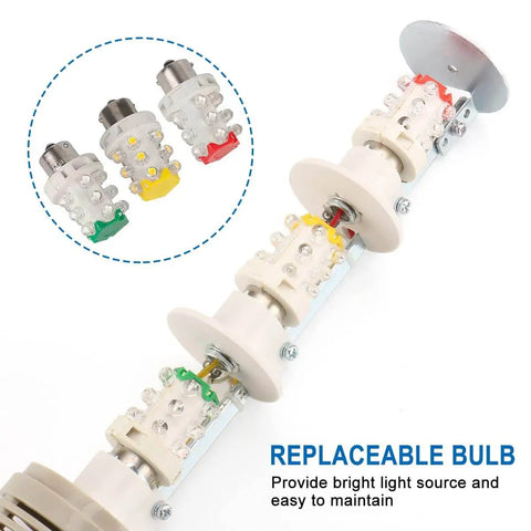 Industrial Tower Signal Light With Built In Buzzer 24 Volt DC 5 Watt LED Indicator Lamp With Red Green Yellow Orange Colors Stack Light LTA 502TJ 45 by 280 mm Rugged Durable Plastic Housing showing replaceable bulbs