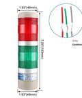 Industrial Signal Light Tower With LED Indicators For Machinery And Control Panels Red Green Continuous Light 12V DC Durable Metal And Plastic Build Baomain LTA 502T, front view with dimensions.