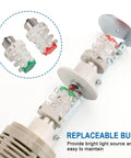 All-In-One Industrial Signal Light Tower With Red And Green LED Indicator, 12V DC, Continuous Light, Buzzer Included, Model LTA-502TJ, Rugged Metal And Plastic Construction For Factory Floors showing replaceable bulbs and mounting base.