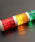 Industrial Signal Tower Light Kit 24V DC With Red Green Yellow Indicator Lamps And Built In Buzzer Alarm Heavy Duty 300 By 52mm Tower Light Model LTP 502TJ Baomain, showing horizontal front view with lighting.