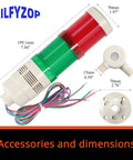 Industrial Signal Tower Light With Red Green And Yellow LED Indicators Built In Buzzer For Clear Alerts In Noisy Environments High Brightness 110 To 120V AC Durable Design Ideal For Industrial Equipment Alarms Rilfyzop T50 2WJB with dimensions and accessories visible.