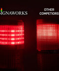 Comparison of Signaworks red LED Andon light tower with competitor's model, both glowing, showcasing brightness differences.