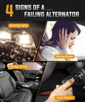 Infographic showing four signs of a failing alternator: dimming lights, strange noises, strange smells, and dead battery.