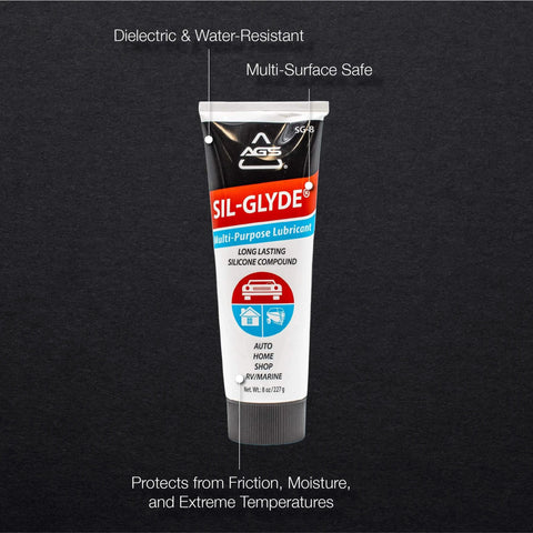 Front view of SIL-Glyde Multi-Purpose All-Weather Lubricating Compound for All Surfaces - 8 oz Tube, packaging details visible.