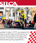Cyclist on bike raising arm in victory, race spectators on city street, SILCA logo and text about cycling heritage and innovation.