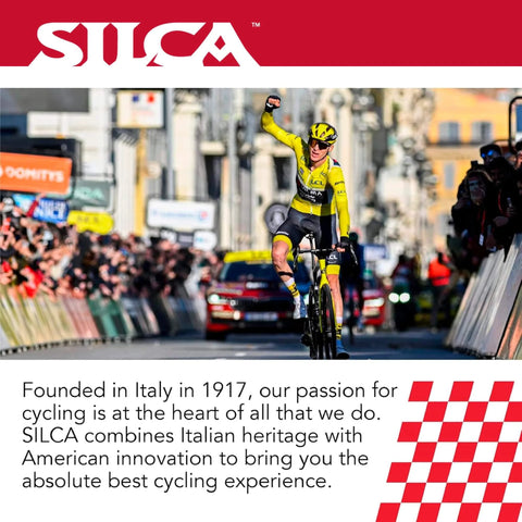 Cyclist on bike raising arm in victory, race spectators on city street, SILCA logo and text about cycling heritage and innovation.