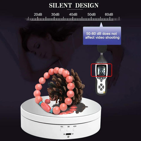 Motorized 360 Degree Rotating Display Stand for Jewelry and Collectibles showcasing bracelet with noise level meter