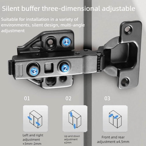 2pcs 105 Degree Soft Close Hinges, 3D Adjustable Frameless Cabinet Hinge, Gun Color, showing silent multi-angle adjustment.