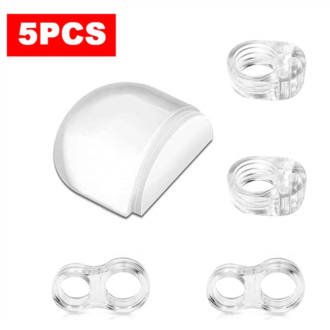Five piece silent door stopper set protects floors and walls with painless no punch installation, transparent silicone pieces.