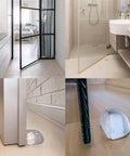 Five piece silent door stopper set protects floors and walls with painless no punch installation in various home settings