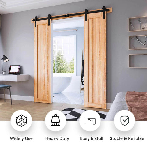 6.6 FT Double Door Sliding Barn Door Hardware Track Kit installed in modern bedroom, showcasing space-saving design.