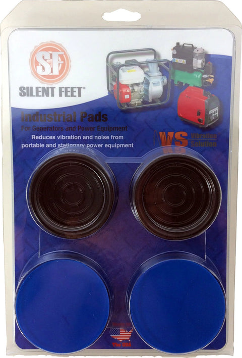 Silent Feet Anti Vibration Pads For Generators Air Compressors And Power Equipment packaging showing four pads