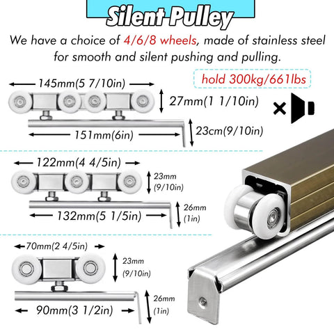 Diagram showing Bifold Closet Door Hardware Kit aluminum rollers and track measurements, supports 300kg, for silent operation.