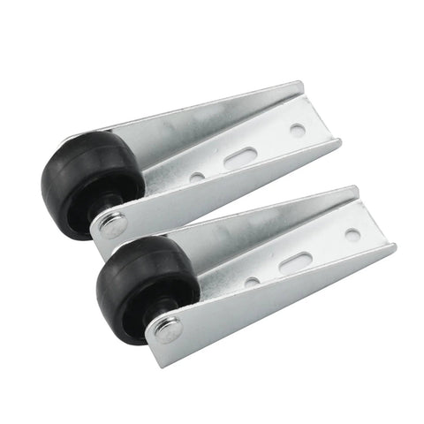 Four Pack Point Nine Inch Silent Rubber Casters With Vertical Mounting Extension Brackets, durable steel shafts, side view