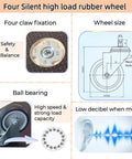 Diagram showing four silent high load rubber wheels with specifications and ball bearing for heavy duty spliceable wood furniture dolly set of 2